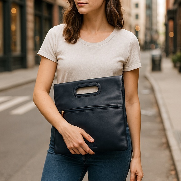 👜 Stone Mountain Navy Blue Fold-Over Clutch / leather Tote/ clutch Bag - Picture 6 of 6